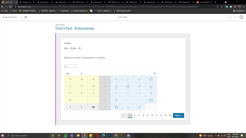 Multiply.(9x−2)(3x−8) Enter your answer, in standard form, in the box.$\text{Basic-example-1