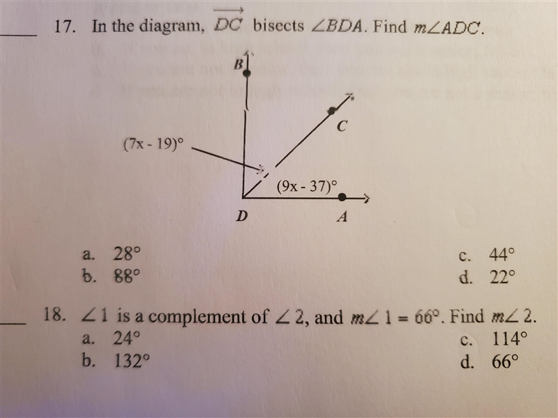 b. 7. In the diagram, DC bisects ZBDA. Find mZADC. B C С (7x - 19) (9x - 37)° D A-example-1