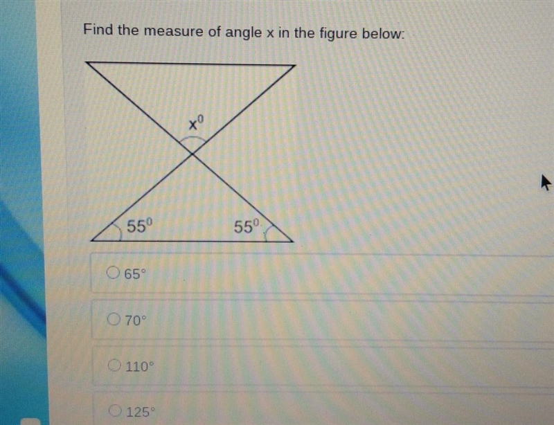 Find the measure of angle x in the figure below: to 55° 55° O 65 0709 0110°​-example-1