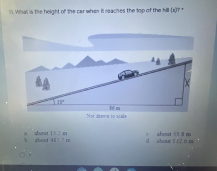 What is the height of the car when it reaches the top of the hill(x)? A: About 15.2m-example-1