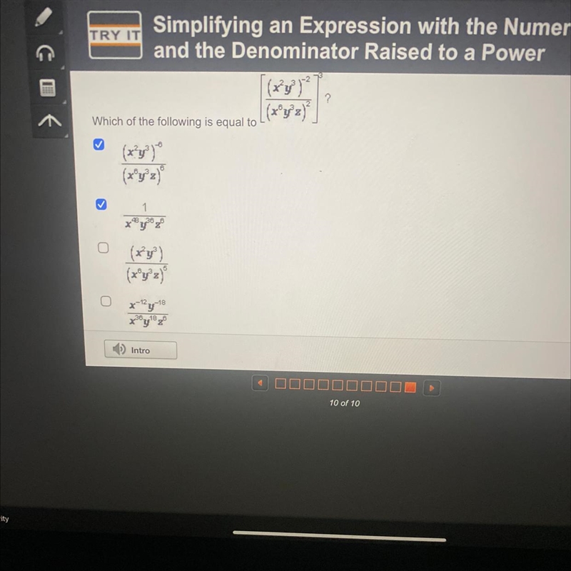 Which of the following is equal to (x²y³)* (x°y³z)° ✓ 1 48 36 (x²y³) (x°y³z)° x-12-18 ?-example-1