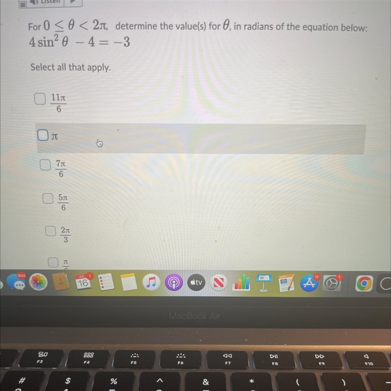 Practice problem I’m working on The other choices are:Pi/6, pi/3, 2pi/3-example-1