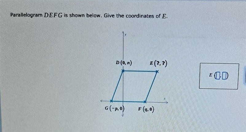 Parallelogram DEFG is shown below. give the coordinates of E.if i couod have the answer-example-1