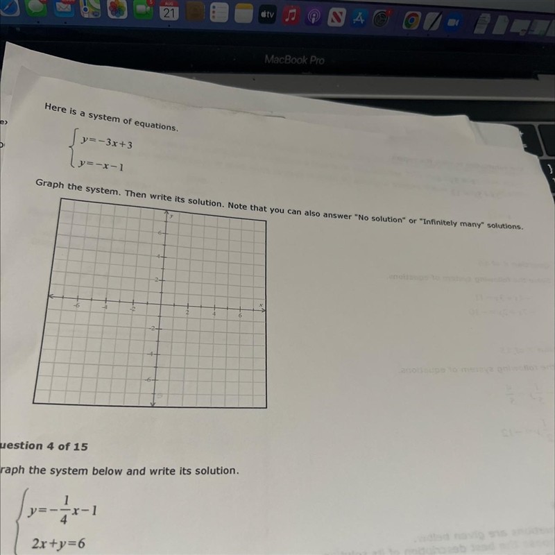 Here is a system of equations.y=-3x+3y=-x-1Graph the system. Then write its solution-example-1