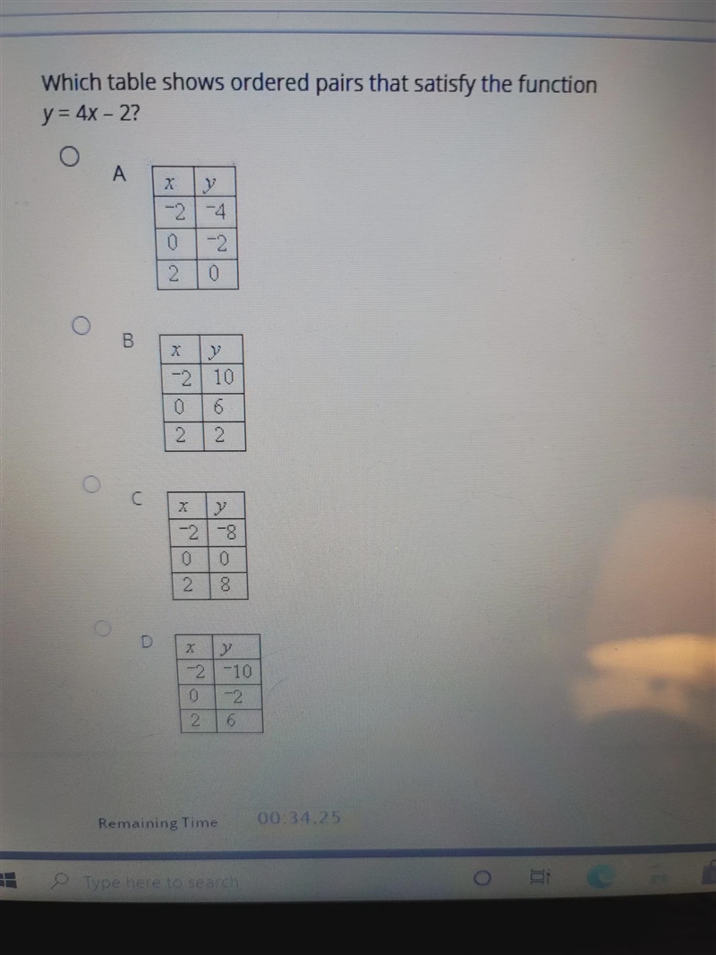 y = 4x - 2which table shows ordered pairs to satisfy the funtion-example-1