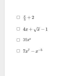 Which expressions are polynomials? Select each correct answer.-example-1