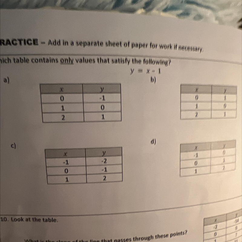 Which table contains only values that satisfy the following? y = x - 1-example-1