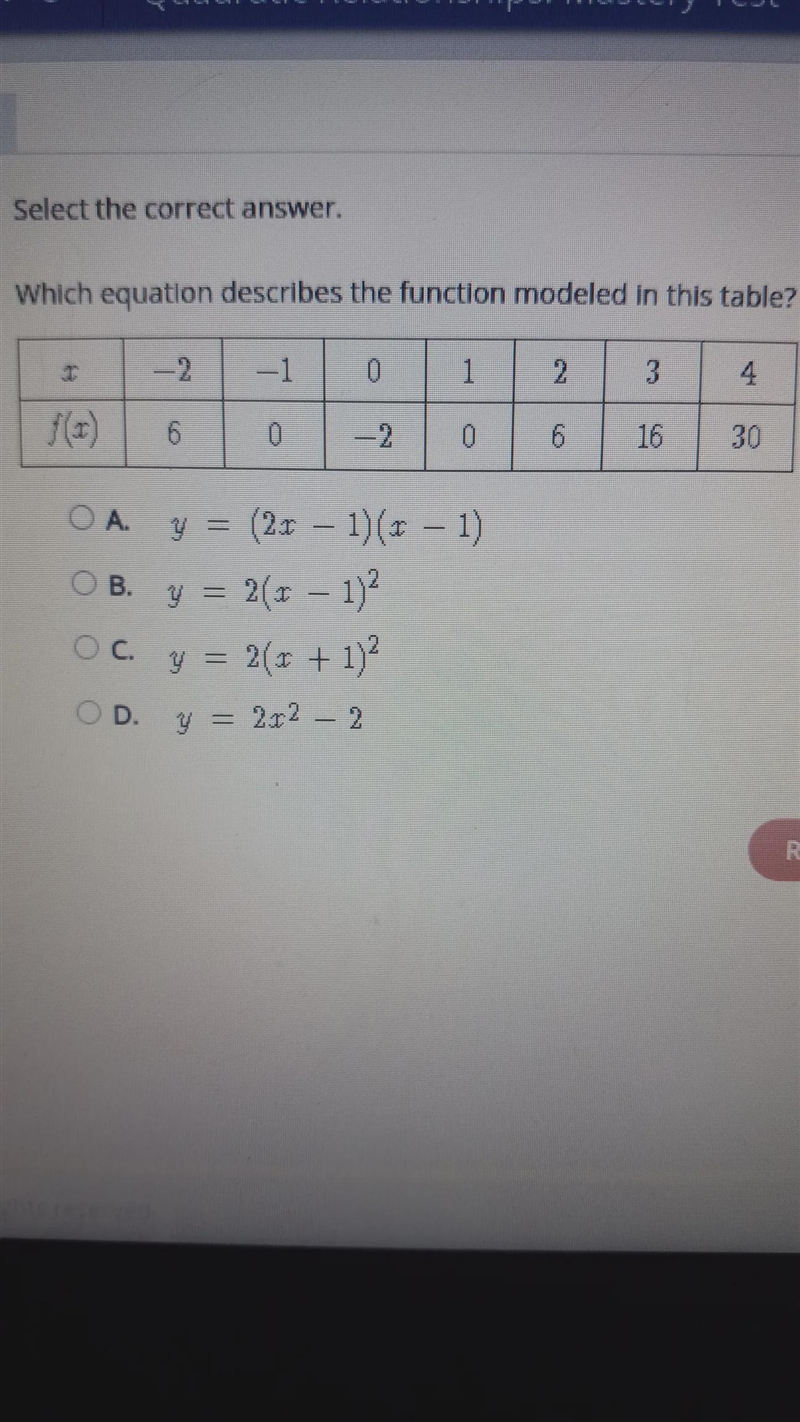 Select the correct answer. Which equation describes the function modeled in this table-example-1