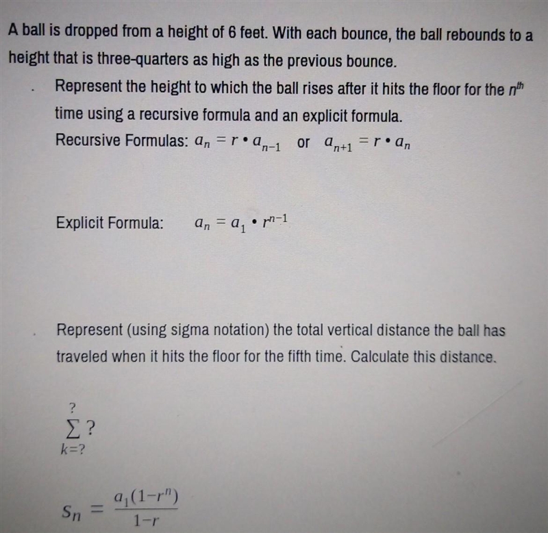 A ball is dropped from a height of 6 feet. With each bounce, the ball rebounds to-example-1