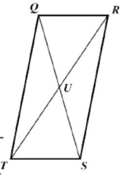 QS and RT are diagonals of parallelogram QRST. RT = 21, SU = 9, and angle RQT = 101. Find-example-1