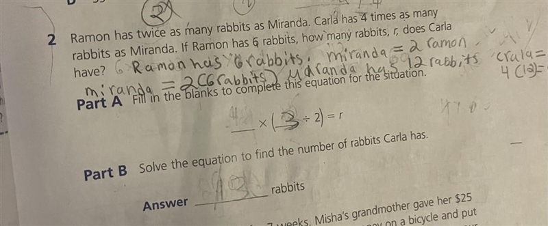 Ramon has twice as many rabbits as Miranda. Carla has 4 times as many rabbits as Miranda-example-1