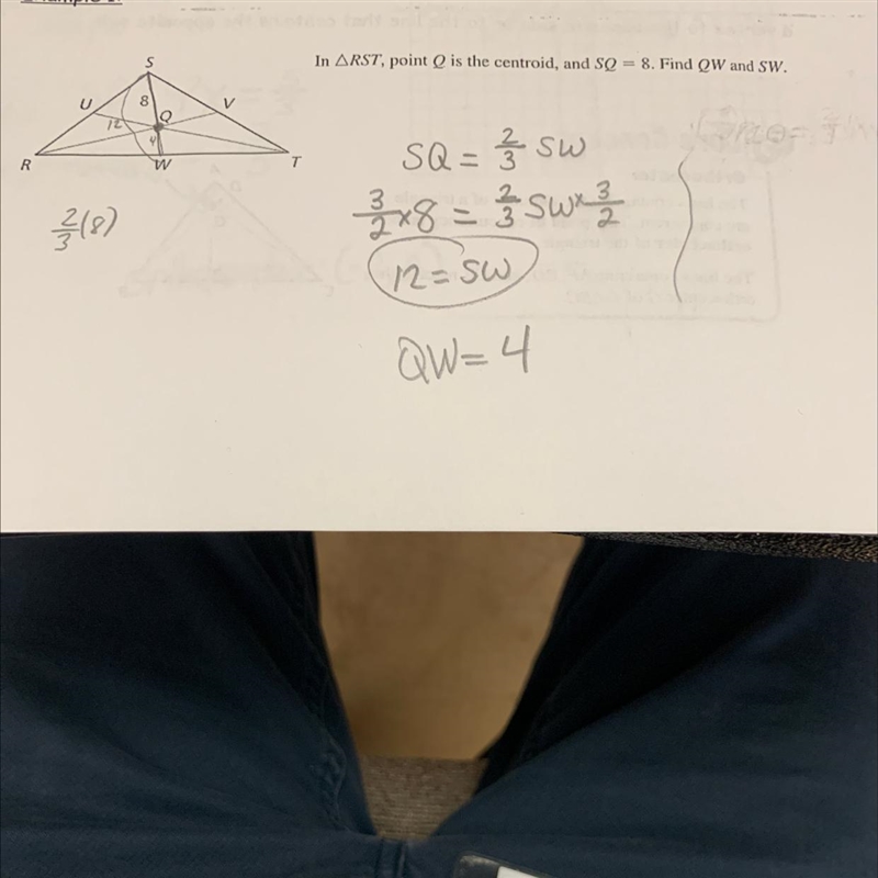 In triangle RST, point Q is the centroid and SQ= 8. find QW and SW. Hope you can help-example-1