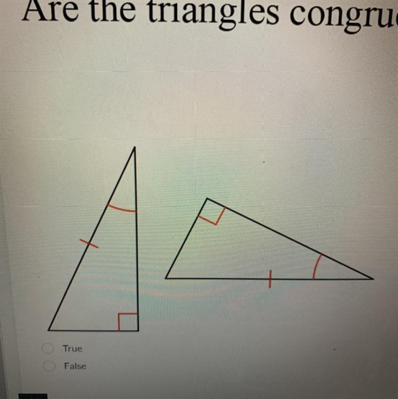 Are the triangles congruent using AAS? True False-example-1