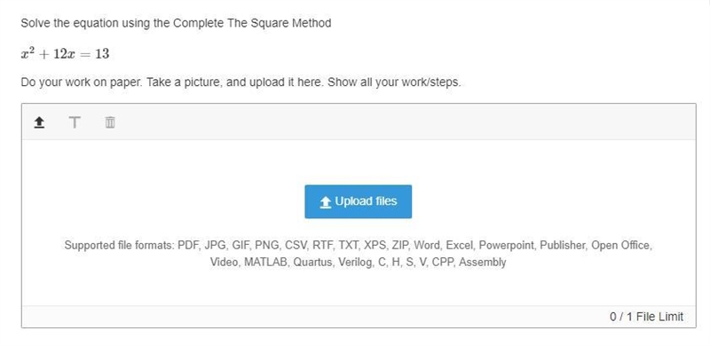 Solve the equation using the Complete The Square Methodx^2+12x=13Do your work on paper-example-1