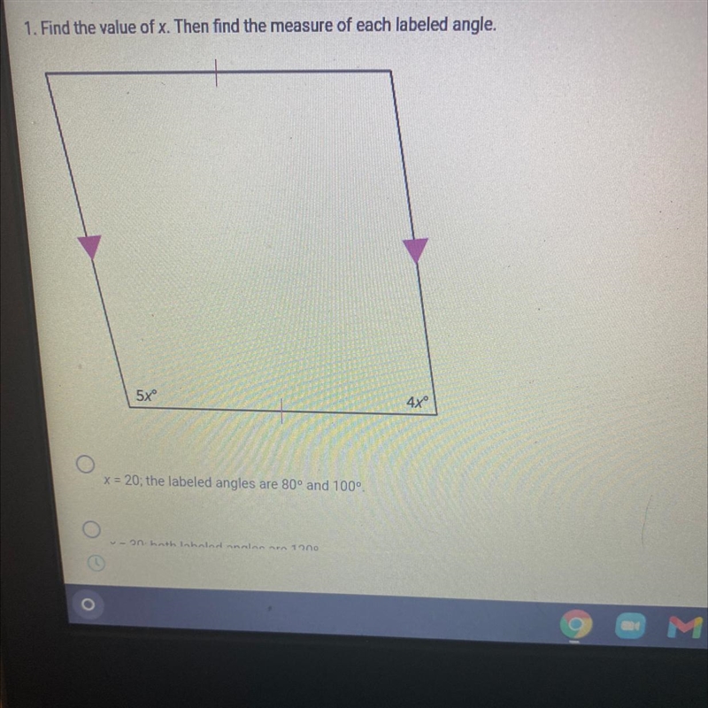 Find the value of X. Then find the measure of each labeled angle.X=20;the labeled-example-1