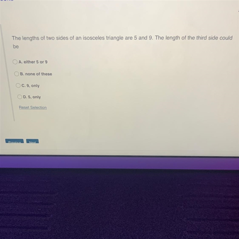 The length of two sides of an isosceles triangle or 5?and 9 the length of the third-example-1