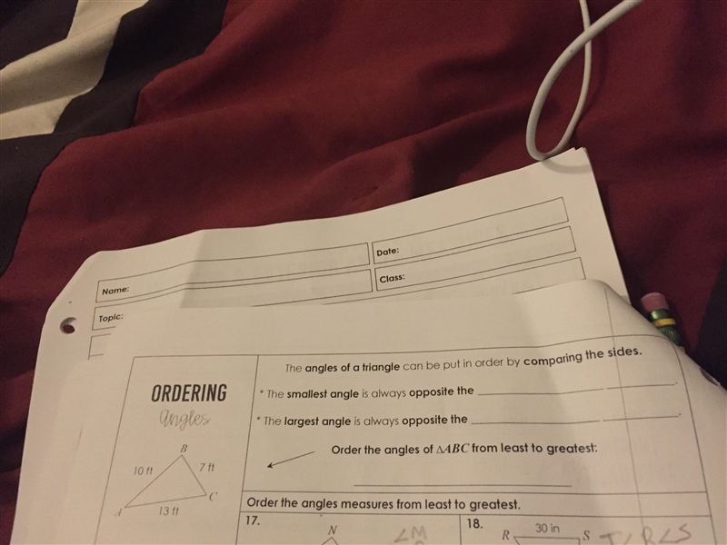 The angles of a triangle can be put in order by comparing the sides.-example-1