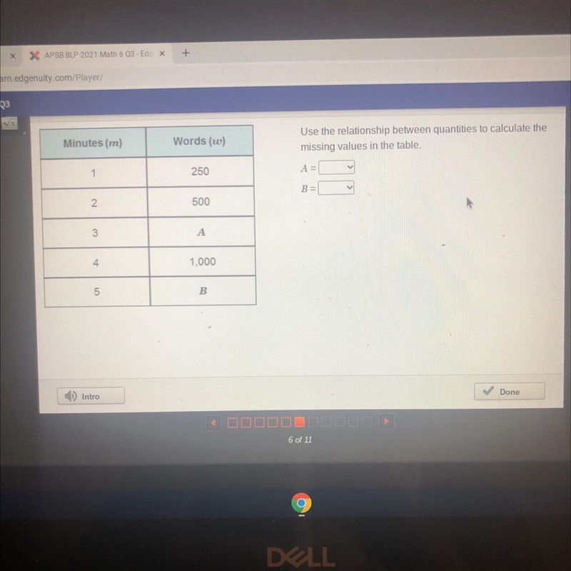 Minutes (m) Words (w) Use the relationship between quantities to calculate the missing-example-1