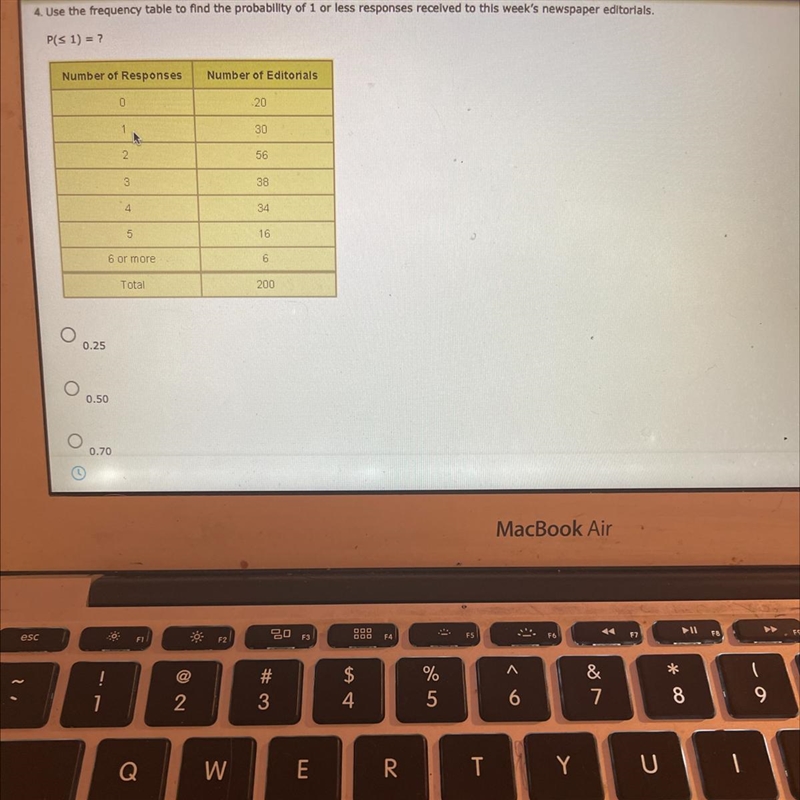 4. Use the frequency table to find the probability of 1 or less responses received-example-1