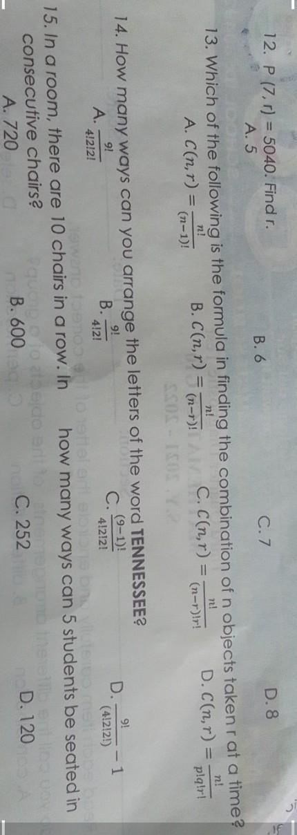 12. P (7,r) = 5040. Find r A. 5 B. 6 C. 7 D. 8​-example-1