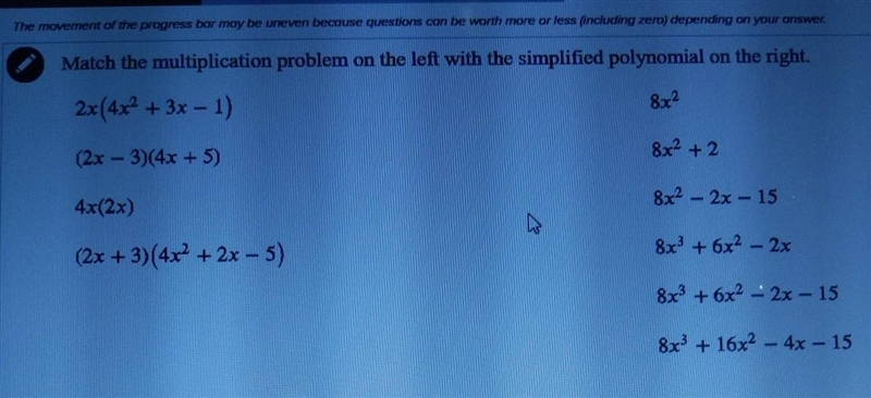 Match the multiplication problem on the left with the simplified polynomial on the-example-1