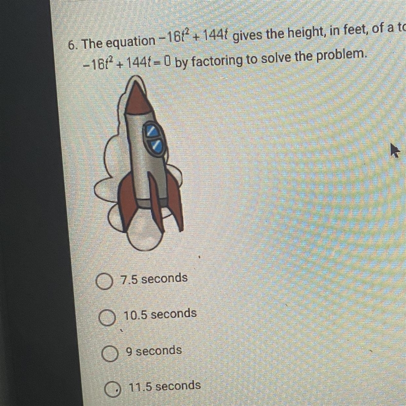 The equation -16^2 + 144 gives the height, in feet, of a toy rocket t seconds after-example-1