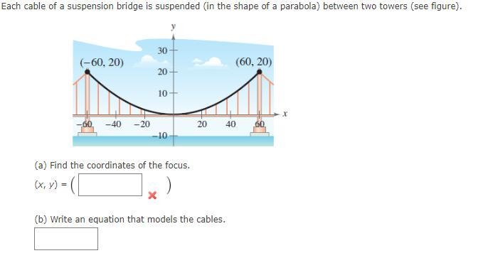 Each cable of a suspension bridge is suspended (in the shape of a parabola) between-example-1