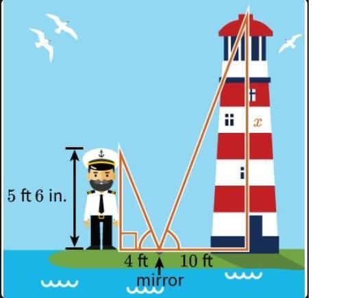 A sailor is standing next to a lighthouse. He places a mirror on the ground 10 feet-example-1