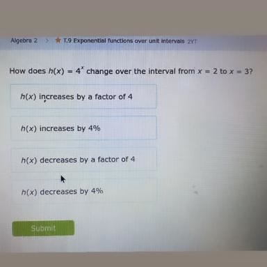 How does A(x) = 4^x change over the interval from x = 2 to x = 3?-example-1