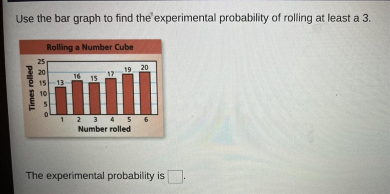 Us the bar graph to find the experimental probability of rolling at least 3.-example-1