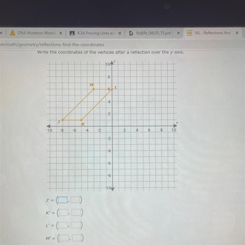 Write the coordinates of the vertices after a reflection over the y-axis.-example-1