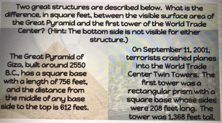 Two great structures are described below. What is thedifference, in square feet, between-example-1