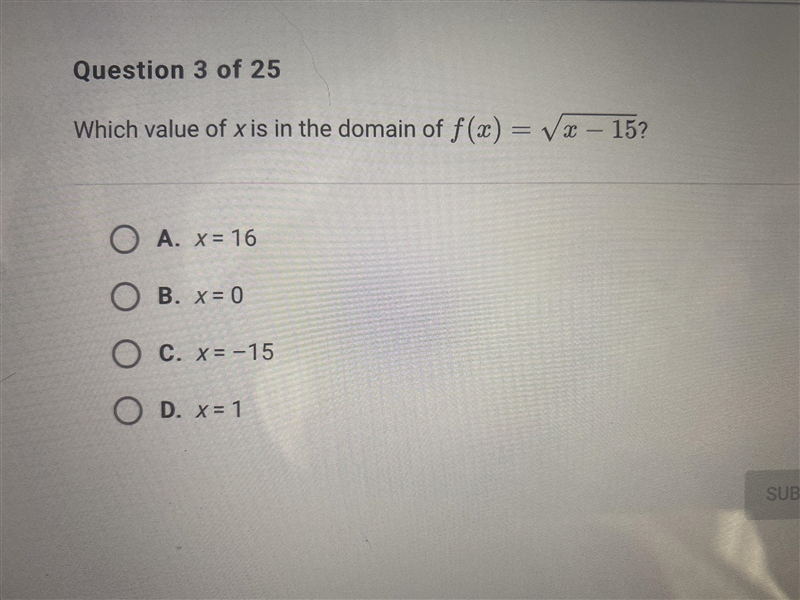 Please help. Functions and Relations. Which value of x is in the domain of the function-example-1