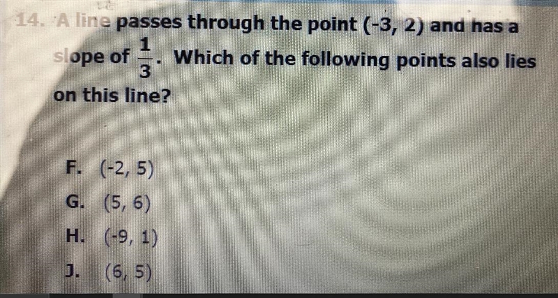 A line passes through the point (-3, 2) and has aslope of 1/3. Which of the following-example-1