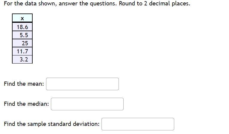 For the data shown, answer the questions. Round to 2 decimal places.x18.65.52511.73.2Find-example-1