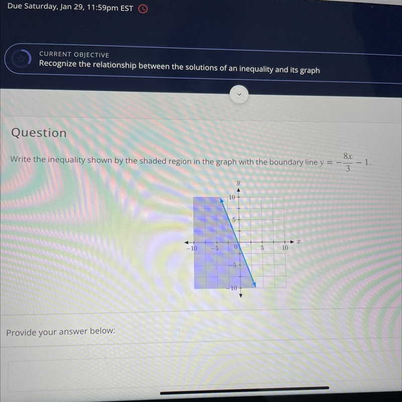 Write the inequality shown by the shaded region in the graph with the boundary line-example-1