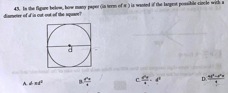 In the figure below, how many paper (in term of pi) is wasted if the largest possible-example-1