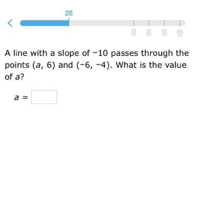 A line with a slope of -10 passes through the points (a, 6) and (-6, -4). What is-example-1