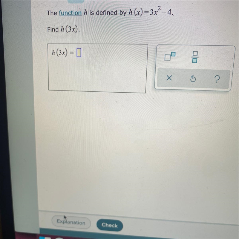 The function h is defined by h (x)=3x² - 4.Find h (3x).-example-1