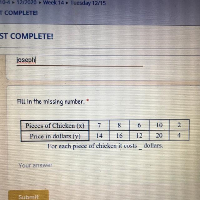 Fill in the missing number.2Pieces of Chicken (x) 7 8 6 10Price in dollars (y) 14 16 12 20For-example-1