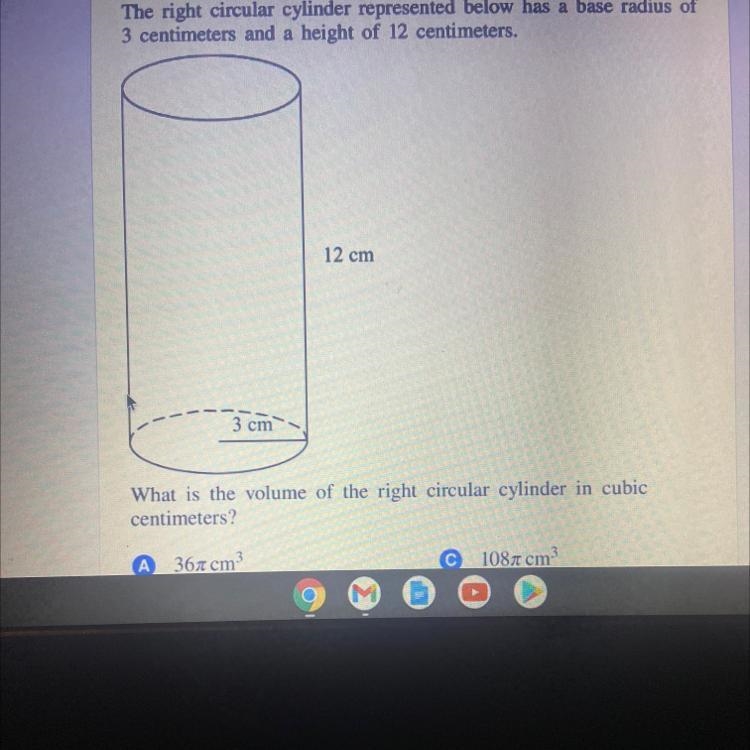 The right circular cylinder represented below has a base radius of 3 centimeters and-example-1