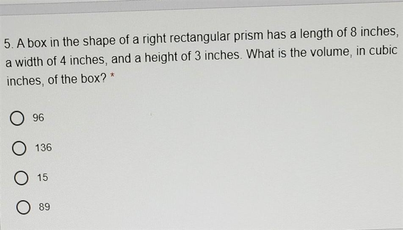 5. A box in the shape of a right rectangular prism has a length of 8 inches, 2 a width-example-1