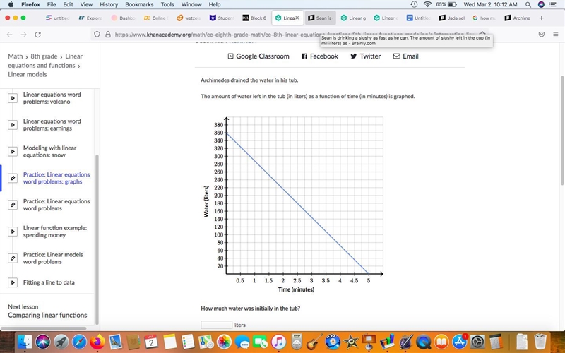 Archimedes drained the water in his tub. The amount of water left in the tub (in liters-example-1