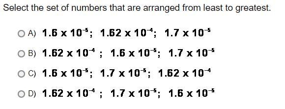 Select the set of numbers that are arranged from least to greatest.-example-1