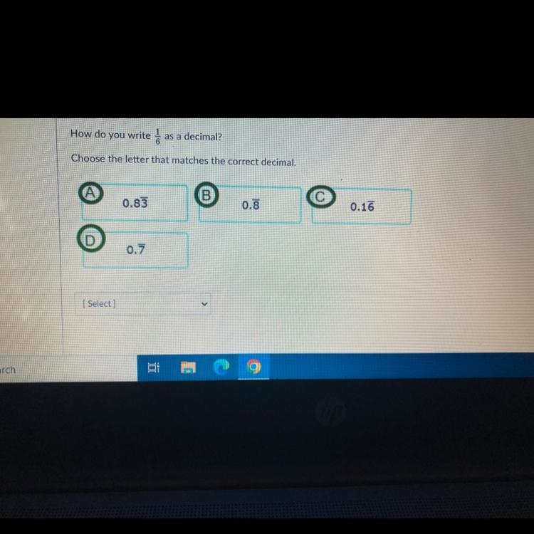 How do you write 1.6 as a decimal?choose the letter that matches the correct decimal-example-1