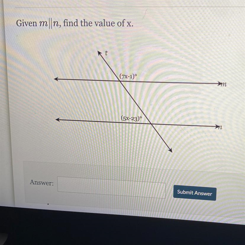 Given mn, find the value of x. t (7x-1)⁰ (5X-23)°-example-1