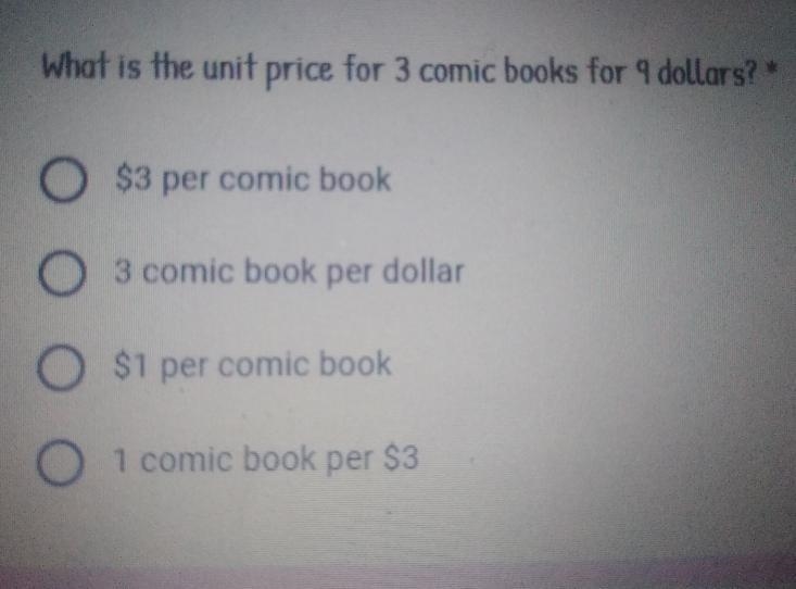 What is the unit price for 3 comic books for 9 dollars-example-1