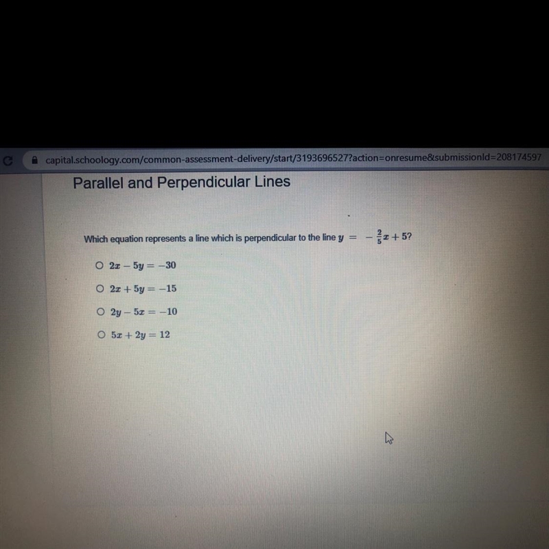 Which equation represents a line which is perpendicular to the line y =- +522x - 5y-example-1