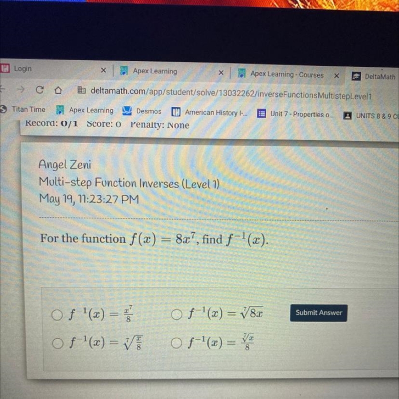 For the function f(x) = 8x7, find f-¹(x).-example-1