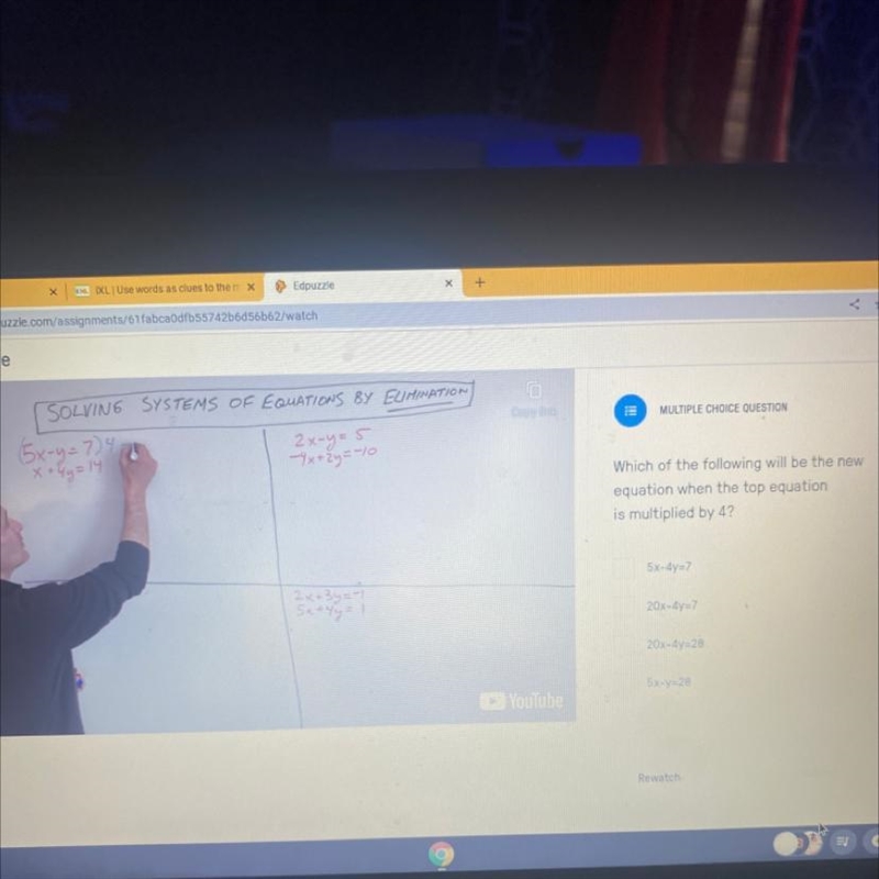 MULTIPLE CHOICE QUESTION SOLVING SYSTEMS OF EQUATIONS BY ELIMINATION (5x-y=74 x + 4y-example-1